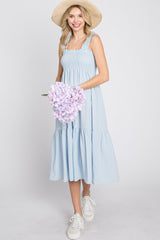 Light Blue Square Neck Smocked Midi Dress