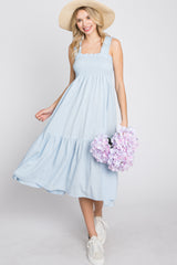 Light Blue Square Neck Smocked Maternity Midi Dress