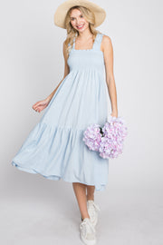 Light Blue Square Neck Smocked Midi Dress