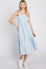 Light Blue Square Neck Smocked Midi Dress