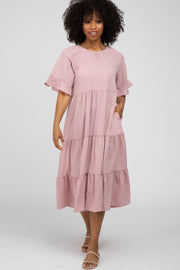 Mauve Tiered Ruffle Sleeve Midi Dress