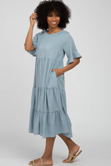 Blue Tiered Ruffle Sleeve Midi Dress