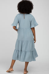 Blue Tiered Ruffle Sleeve Midi Dress