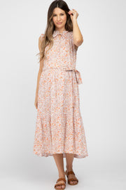 Peach Floral Ruffle Neck Maternity Midi Dress