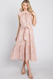 Peach Floral Ruffle Neck Midi Dress