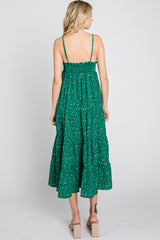 Green Floral Pleated Sleeveless Midi Dress