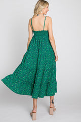 Green Floral Pleated Sleeveless Midi Dress