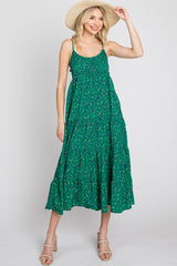 Green Floral Pleated Sleeveless Midi Dress