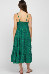 Green Floral Pleated Sleeveless Maternity Midi Dress