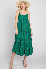 Green Floral Pleated Sleeveless Maternity Midi Dress