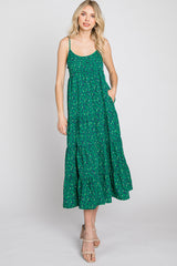 Green Floral Pleated Sleeveless Midi Dress