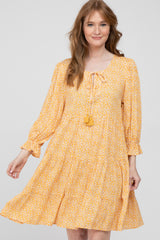 Mustard Floral Tiered Long Sleeve Maternity Dress