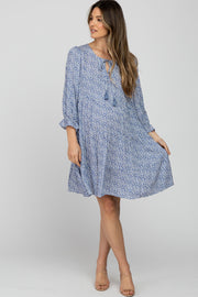 Blue Floral Tiered Long Sleeve Maternity Dress