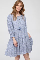 Blue Floral Tiered Long Sleeve Maternity Dress