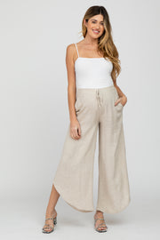 Cream Linen Tie Front Curved Hem Maternity Pants