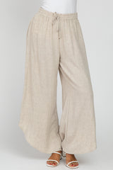 Cream Linen Tie Front Curved Hem Pants