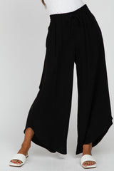 Black Linen Tie Front Curved Hem Pants