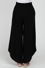 Black Linen Tie Front Curved Hem Pants