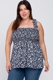 Navy Floral Smocked Plus Tank Top