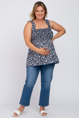 Navy Floral Smocked Maternity Plus Tank Top