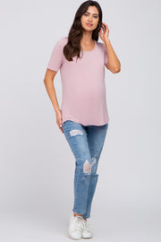 Pink Solid Short Sleeve Maternity Top