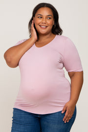 Pink Solid Short Sleeve Maternity Plus Top