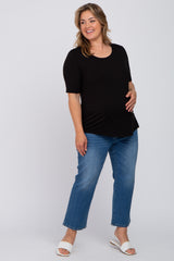 Black Solid Short Sleeve Maternity Plus Top