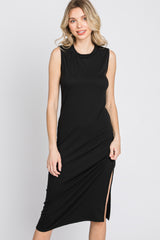 Black Ribbed Side Slit Midi Dress