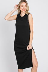 Black Ribbed Side Slit Midi Dress