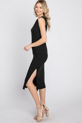 Black Ribbed Side Slit Midi Dress