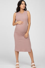 Mocha Ribbed Side Slit Maternity Midi Dress