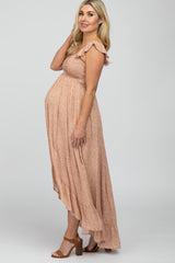 Peach Floral Smocked Hi-Low Maternity Maxi Dress