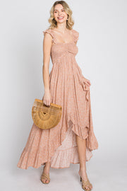 Peach Floral Smocked Hi-Low Maxi Dress