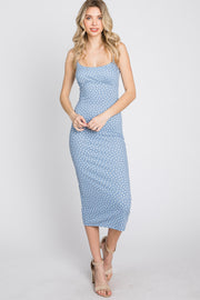 Light Blue Leaf Print Fitted Midi Dress