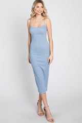 Light Blue Leaf Print Fitted Midi Dress