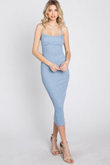 Light Blue Leaf Print Fitted Midi Dress