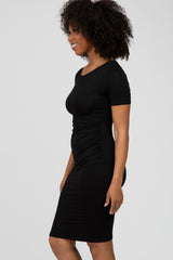 Black Ruched Short Sleeve Dress