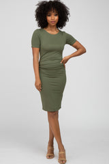 Olive Ruched Short Sleeve Dress