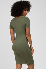 Olive Ruched Short Sleeve Dress