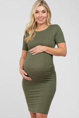 Olive Ruched Short Sleeve Maternity Dress