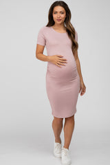 Mauve Ruched Short Sleeve Maternity Dress