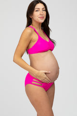 Fuchsia Strappy Ruched Front Two-Piece Maternity Bikini Set