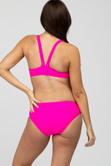 Fuchsia Strappy Ruched Front Two-Piece Maternity Bikini Set