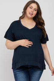 Navy Blue V-Neck Short Sleeve Side Slit Maternity Plus Top