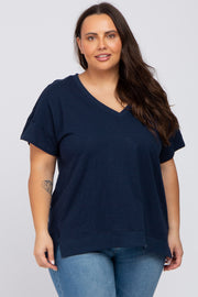 Navy Blue V-Neck Short Sleeve Side Slit Plus Top