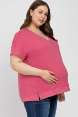 Mauve V-Neck Short Sleeve Side Slit Maternity Plus Top