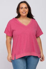 Mauve V-Neck Short Sleeve Side Slit Plus Top