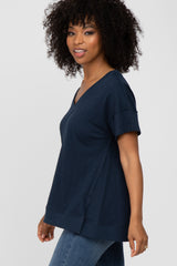 Navy Blue V-Neck Short Sleeve Side Slit Top