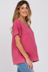 Mauve V-Neck Short Sleeve Side Slit Maternity Top