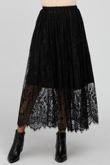 Black Lace Pleated Scalloped Maxi Skirt